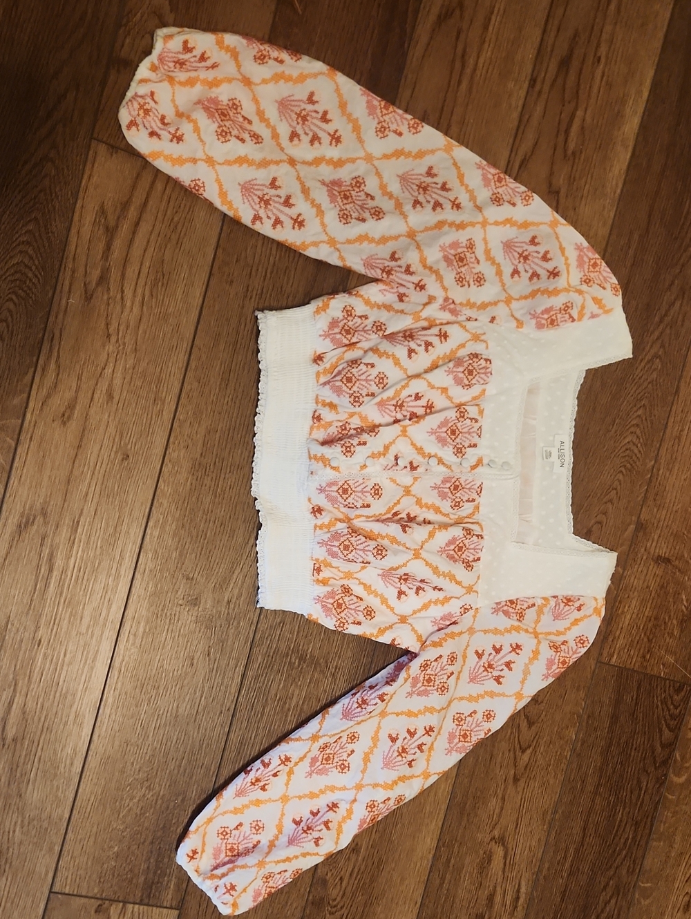 White Cropped Peasant Top with Pink And Orange Floral Print - Picture 1 of 11